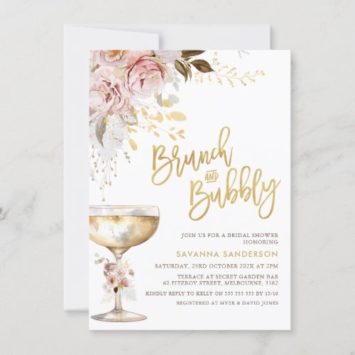 Boho Blush Gold Floral Brunch Bubbly Bridal Shower Invitation