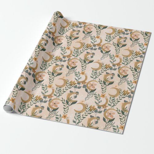 Boho Blush Green Botanical Moon Bridal Shower Wrapping Paper