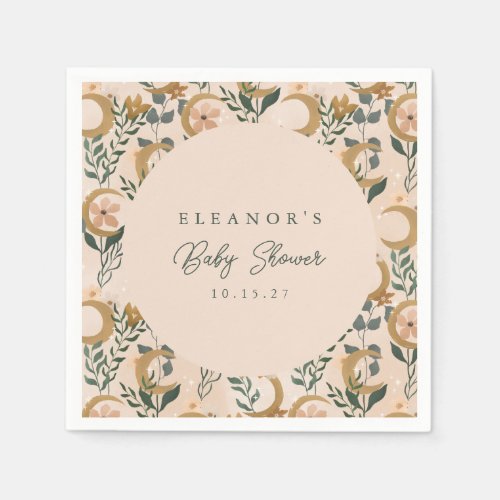 Boho Blush Green Botanical Moon Custom Baby Shower Napkins