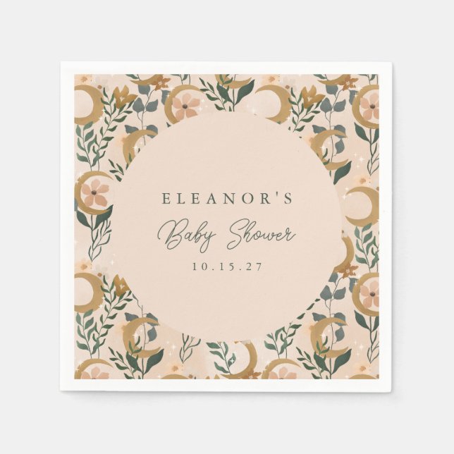 Boho Blush Green Botanical Moon Custom Baby Shower Napkins (Front)