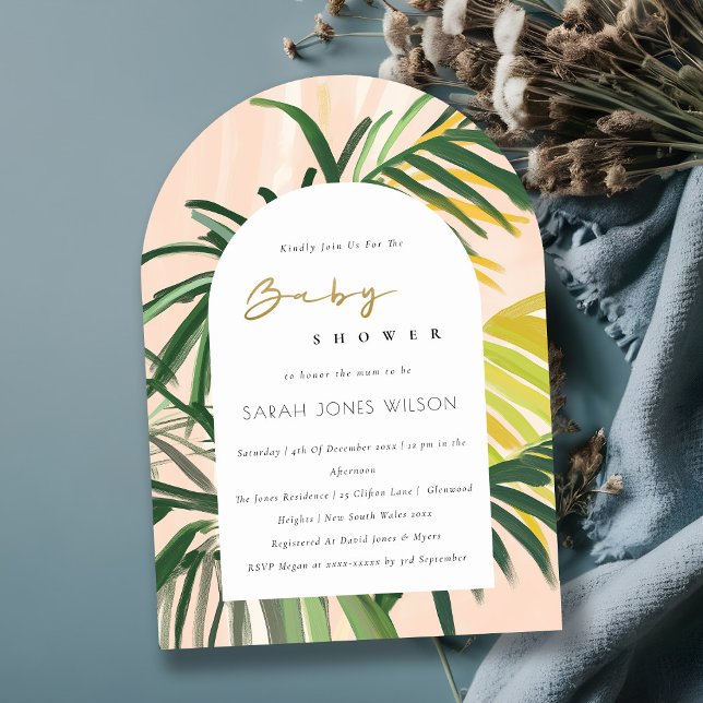 Boho Blush Green Tropical Palm Beach Baby Shower Invitation (Creator Uploaded)