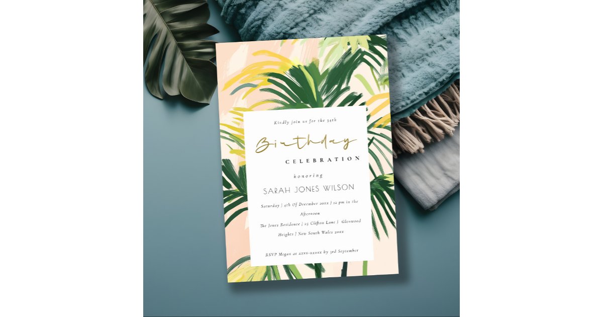 Boho Blush Green Tropical Palm Beach Birthday Invi Invitation | Zazzle