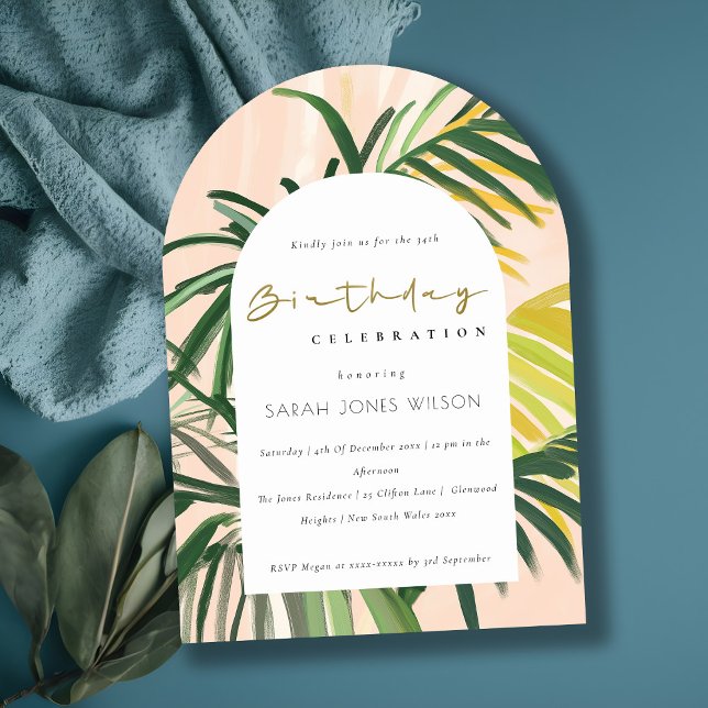 Boho Blush Green Tropical Palm Beach Birthday Invitation (Creator Uploaded)