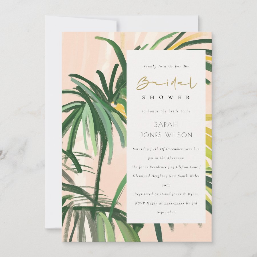 Boho Blush Green Tropical Palm Beach Bridal Shower Invitation
