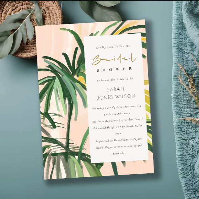 Boho Blush Green Tropical Palm Beach Bridal Shower Invitation (Creator Uploaded)