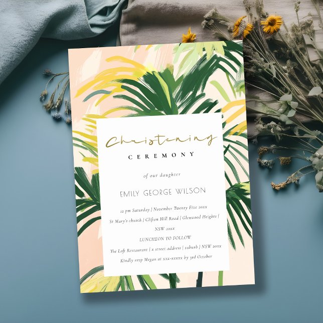 Boho Blush Green Tropical Palm Beach Christening Invitation (Creator Uploaded)