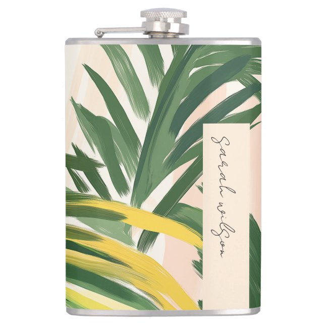Boho Blush Green Tropical Palm Beach Leaves Flask (Front)