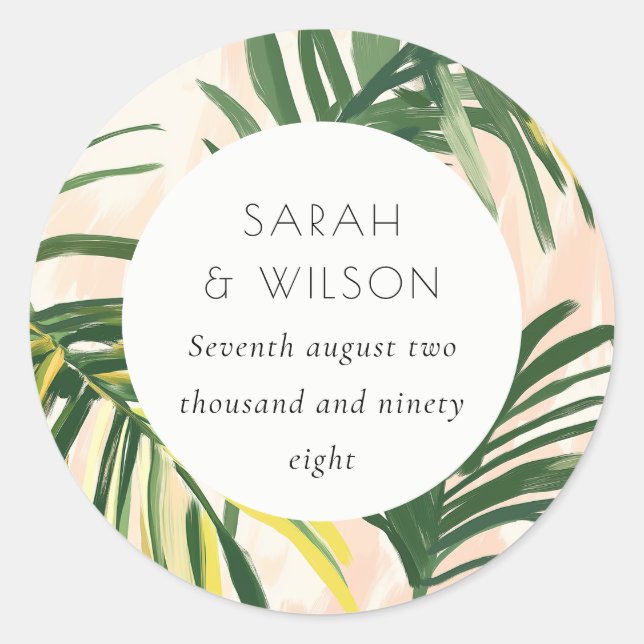 Boho Blush Green Tropical Palm Beach Wedding Classic Round Sticker (Front)