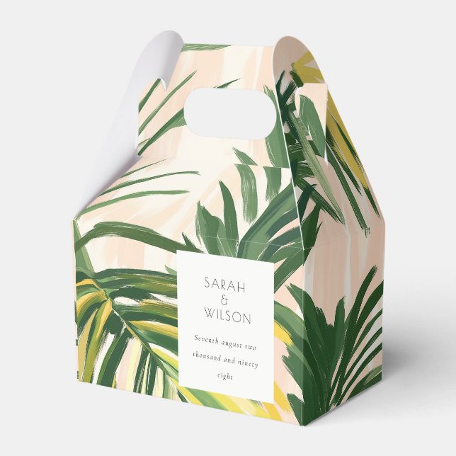 Boho Blush Green Tropical Palm Beach Wedding Favor Boxes (Front Side)