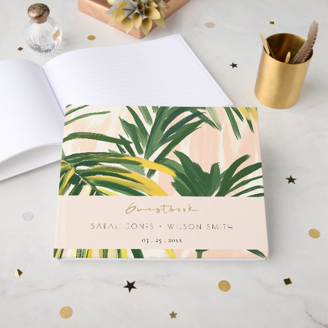 Boho Blush Green Tropical Palm Beach Wedding Guest Book (Front Open)