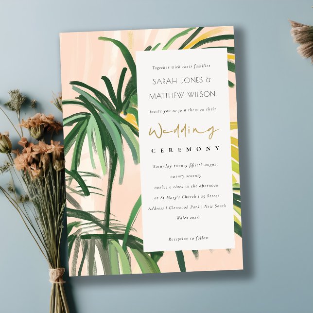 Boho Blush Green Tropical Palm Beach Wedding Invitation (Creator Uploaded)