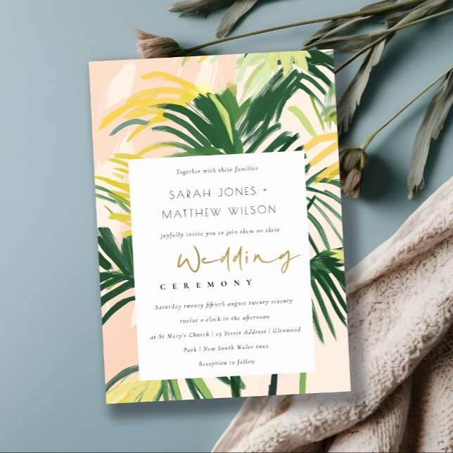 Boho Blush Green Tropical Palm Beach Wedding Invitation (Creator Uploaded)