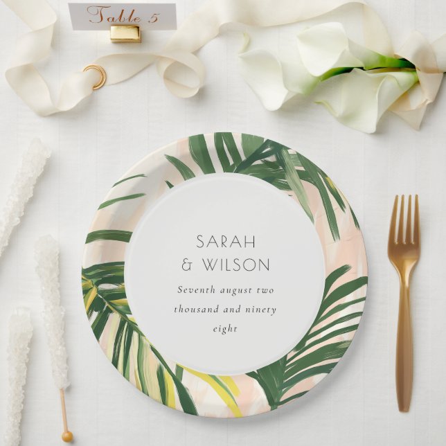 Boho Blush Green Tropical Palm Beach Wedding Paper Plates (Wedding)
