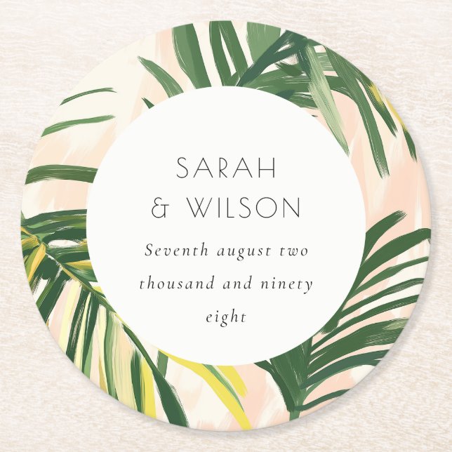 Boho Blush Green Tropical Palm Beach Wedding Round Paper Coaster (Front)