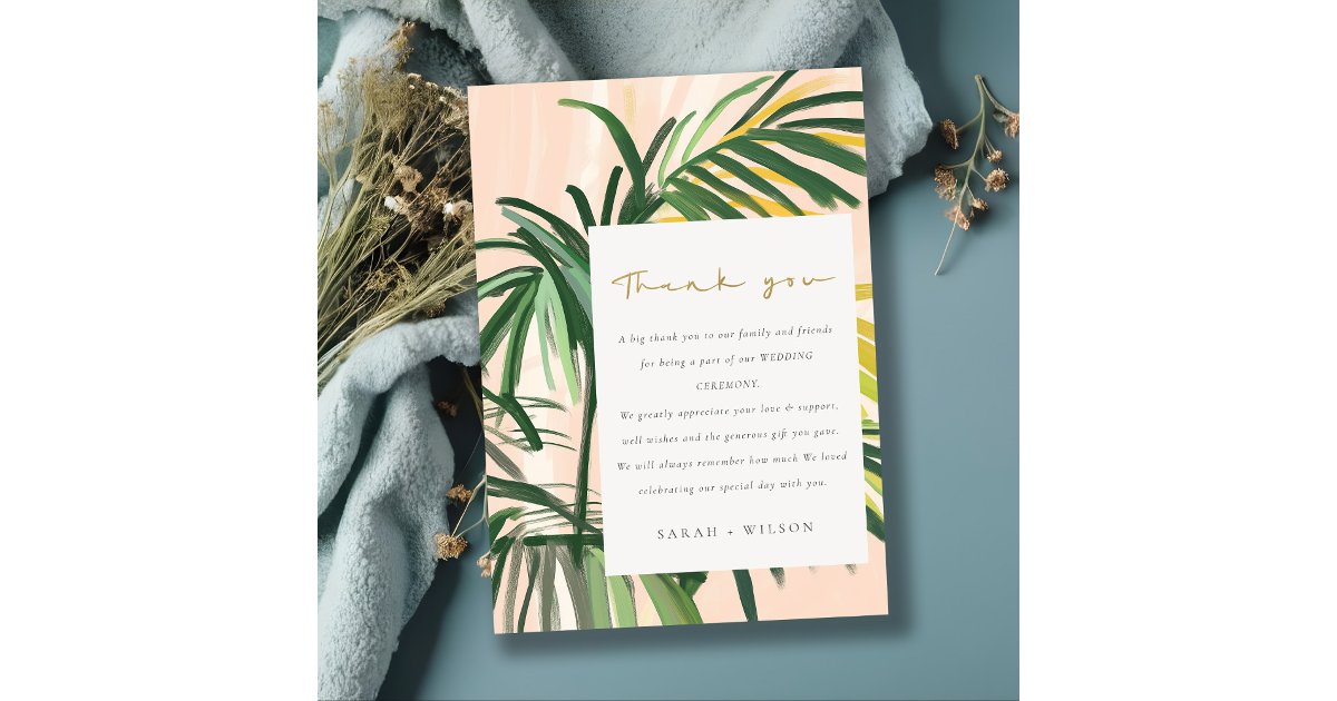 Boho Blush Green Tropical Palm Beach Wedding Thank You Card | Zazzle