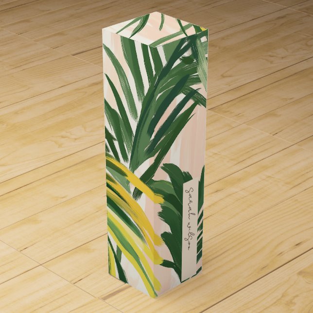 Boho Blush Green Tropical Palm Beach Wedding Wine Box (Front)