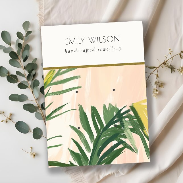 Boho Blush Green Tropical Palm Leaves 2 Earring Business Card (Creator Uploaded)