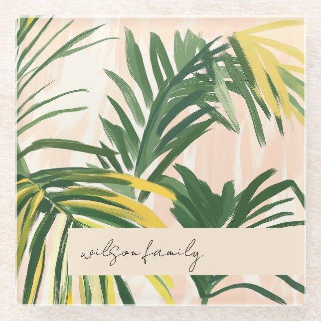 Boho Blush Green Tropical Palm Leaves Beach Glass Coaster (Front)