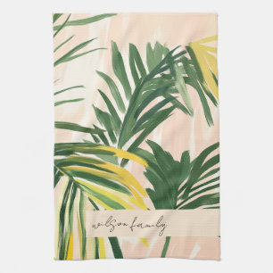 Boho Blush Green Tropical Palm Leaves Beach Kitchen Towel