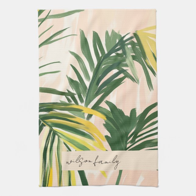 Boho Blush Green Tropical Palm Leaves Beach Kitchen Towel (Vertical)