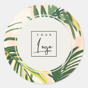 Boho Blush Green Tropical Palm Leaves Beach Logo Classic Round Sticker