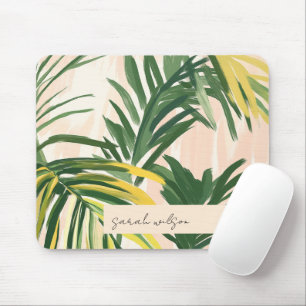 Boho Blush Green Tropical Palm Leaves Beach Mouse Pad