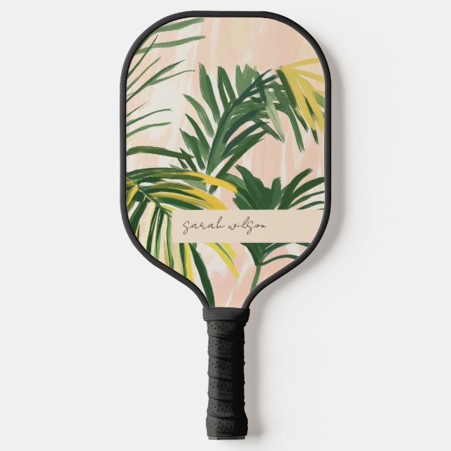 Boho Blush Green Tropical Palm Leaves Beach Pickleball Paddle (Front)