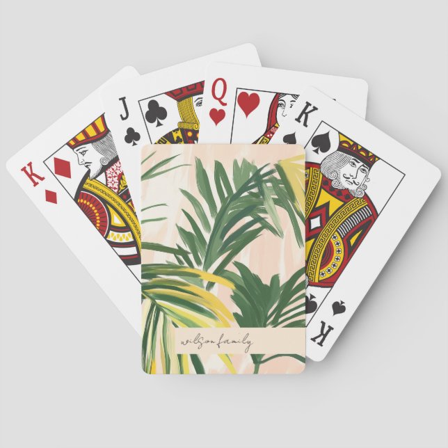 Boho Blush Green Tropical Palm Leaves Beach Poker Cards (Back)