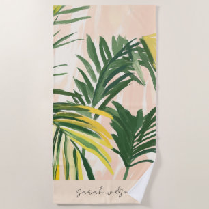 Boho Blush Green Tropical Palm Leaves Beach Towel