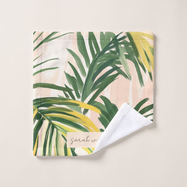 Boho Blush Green Tropical Palm Leaves Beach Wash Cloth (Wash Cloth)