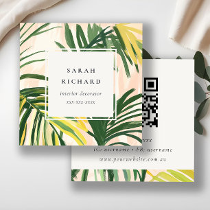 Boho Blush Green Tropical Palm Leaves QR Code Square Business Card