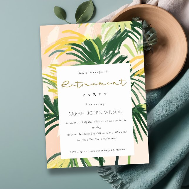 Boho Blush Green Tropical Palm Retirement  Invitation (Creator Uploaded)