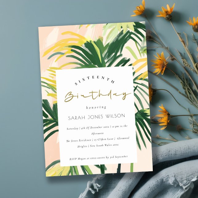 Boho Blush Green Tropical Palm Sweet 16 Birthday Invitation (Creator Uploaded)
