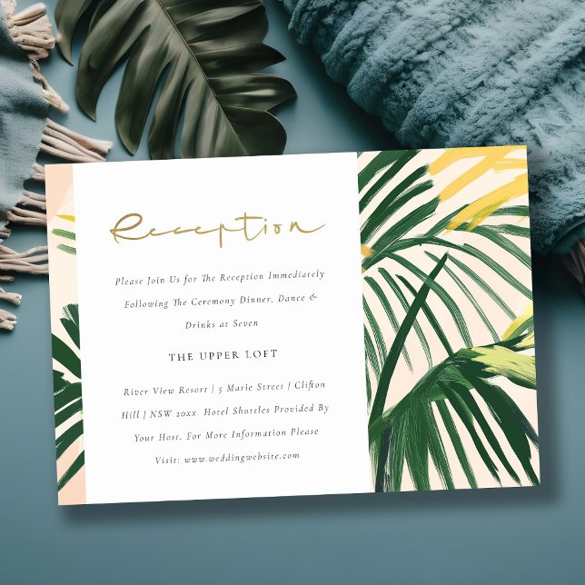 Boho Blush Green Tropical Palm Wedding Reception Enclosure Card (Creator Uploaded)
