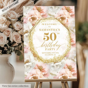 Boho blush ivory gold floral birthday welcome sign