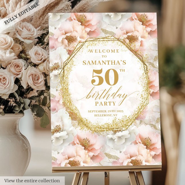 Boho blush ivory gold floral birthday welcome sign (Boho blush ivory gold floral birthday welcome sign)