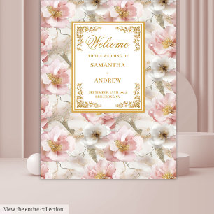 Boho Blush Ivory Gold Floral Wedding Banner Tapestry