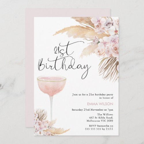 Boho Blush Mauve Floral Glass 21st Birthday Invitation