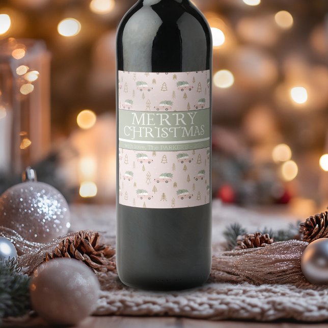 Boho blush Merry Christmas car & christmas tree Wine Label (Creator Uploaded)