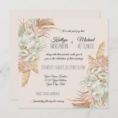 BOHO Blush Orchid Floral Pampas Grass Palm Foliage Invitation