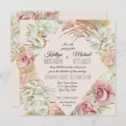 BOHO Blush Orchid Floral Pampas Grass Palm Foliage Invitation