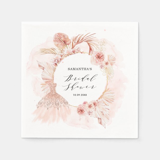 Boho Blush Pampas Glitter Dress Bridal Shower Napkins (Front)