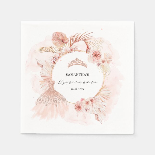 Boho Blush Pampas Glitter Dress Quinceanera Napkins (Front)