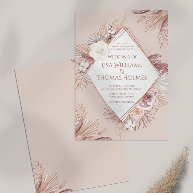 Boho Blush Pampas Grass and Dried Flowers Invitation (Boho Blush Pampas Grass and Dried Flowers Invitation on table.)