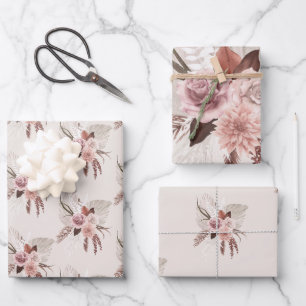 Boho Blush Pampas Grass Floral Wrapping Paper Sheets