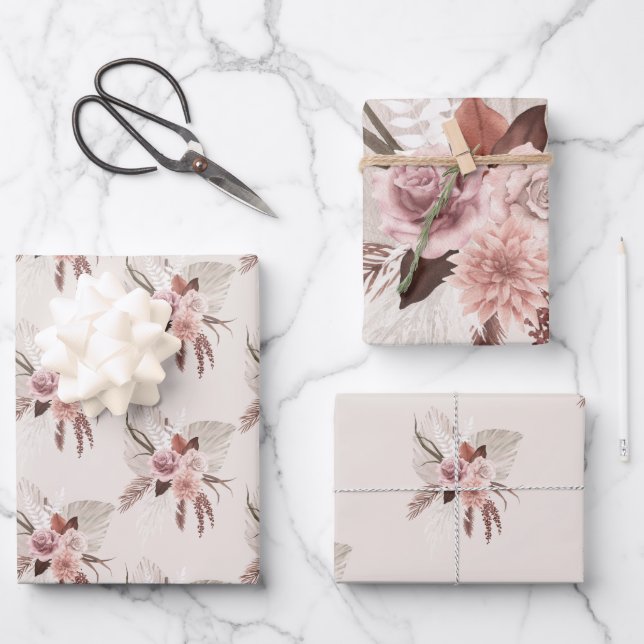 Boho Blush Pampas Grass Floral Wrapping Paper Sheets (Front)