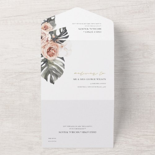 BOHO BLUSH PEACH FLORAL MONSTRERA LEAF WEDDING ALL ALL IN ONE INVITATION