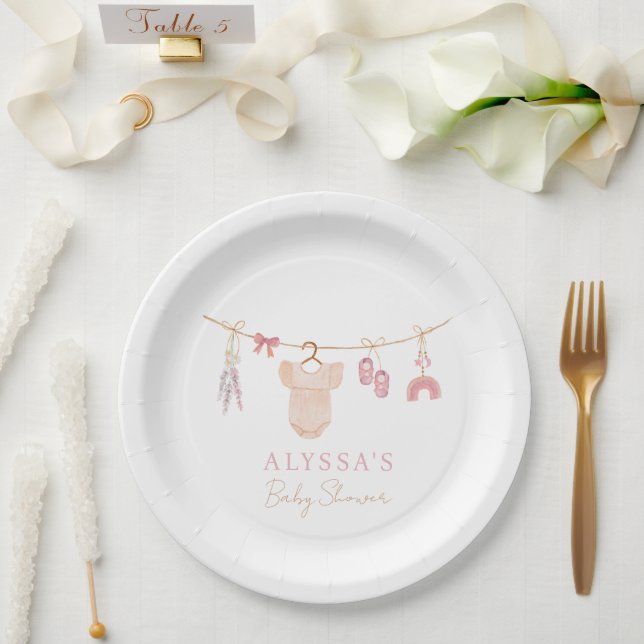 Boho Blush Pink Baby Clothes Girl Baby Shower Paper Plates (Wedding)