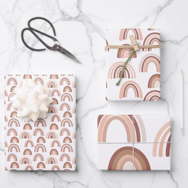Boho Blush Pink Beige Rainbow Wrapping Paper Sheets (Front)