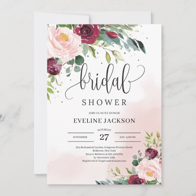 Boho blush pink burgundy floral gold bridal shower invitation (Front)